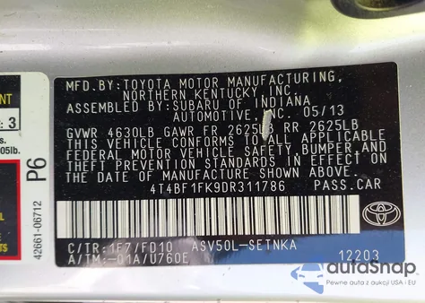 2013 Toyota Camry Le из США, поврежденный, VIN 4T4BF1FK9DR311786